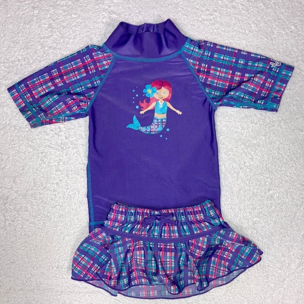 UV Skinz 12/18m rashguard and skirted bottom mermaid purple plaid